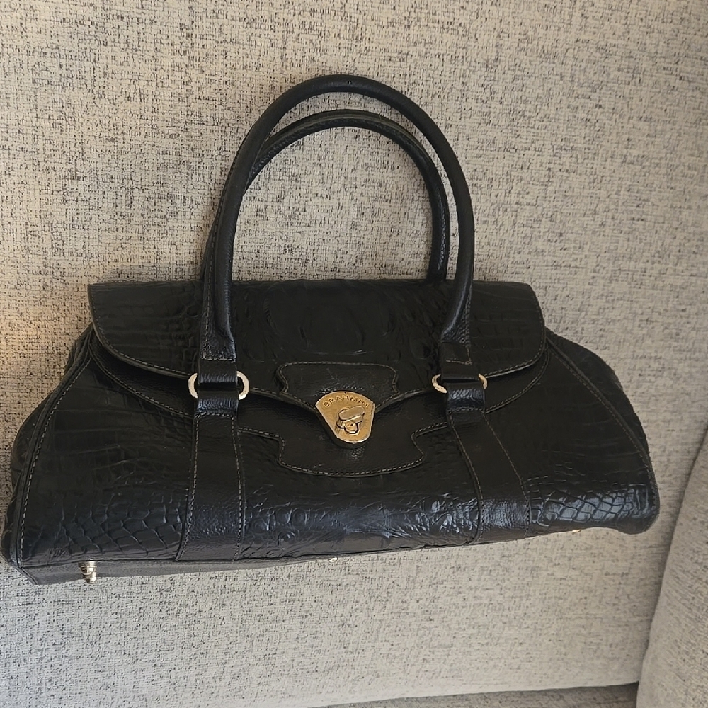 Brahmin Black Croc-Embossed Satchel with Gold Hardware
